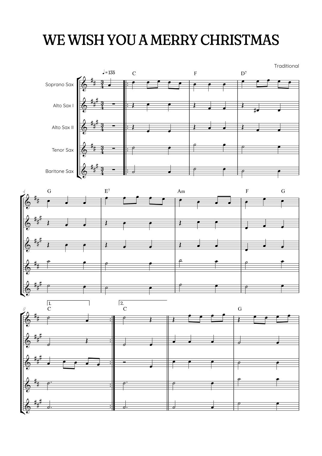 We Wish You a Merry Christmas for Sax Quintet • easy Christmas sheet music w/ chords (arr. Benzaiten Editions)