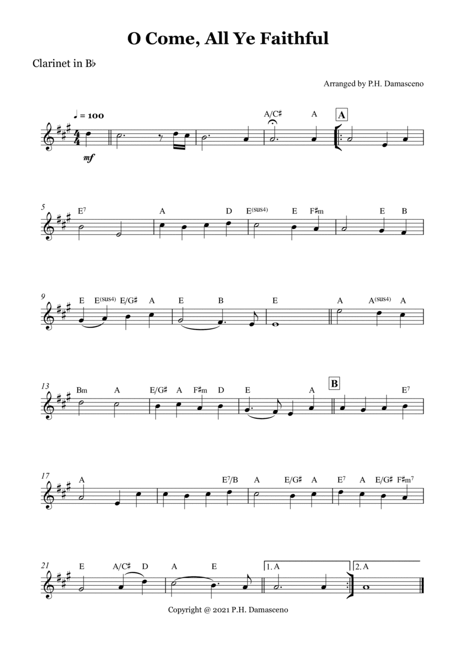O Come, All Ye Faithful - Clarinet in Bb Solo with Chords (arr. P.H. Damasceno)