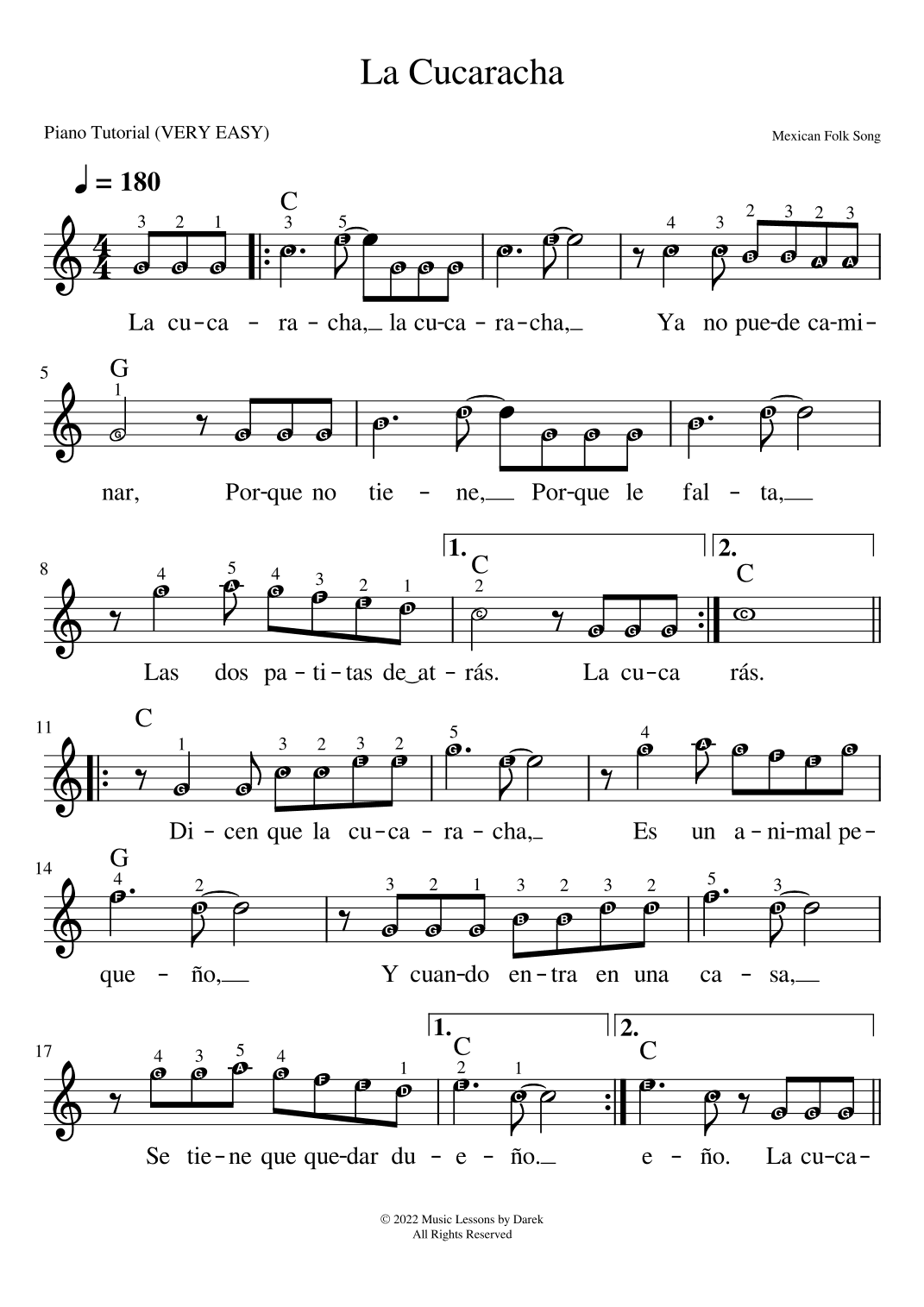 La Cucaracha (VERY EASY PIANO) [Mexican Folk Song] (arr. Darek)