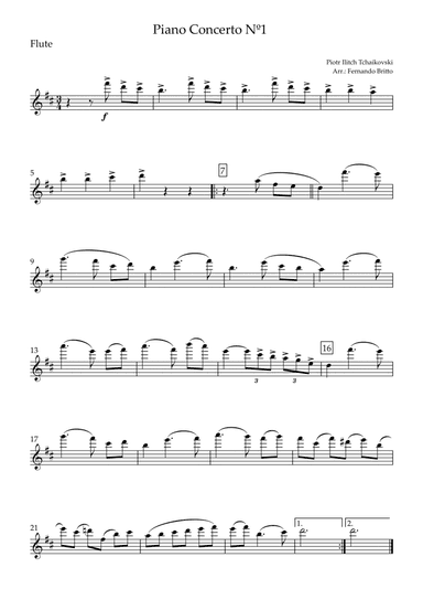 Piano Concerto Nº 1 - 1st Mov. Theme (P. Tchaikovsky) for Flute Solo (D Major) (arr. Fernando Britto)
