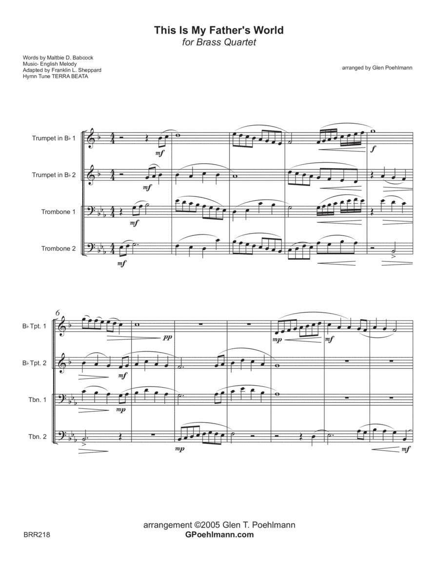 THIS IS MY FATHER'S WORLD - BRASS QUARTET (unaccompanied) (arr. Glen Poelmann)