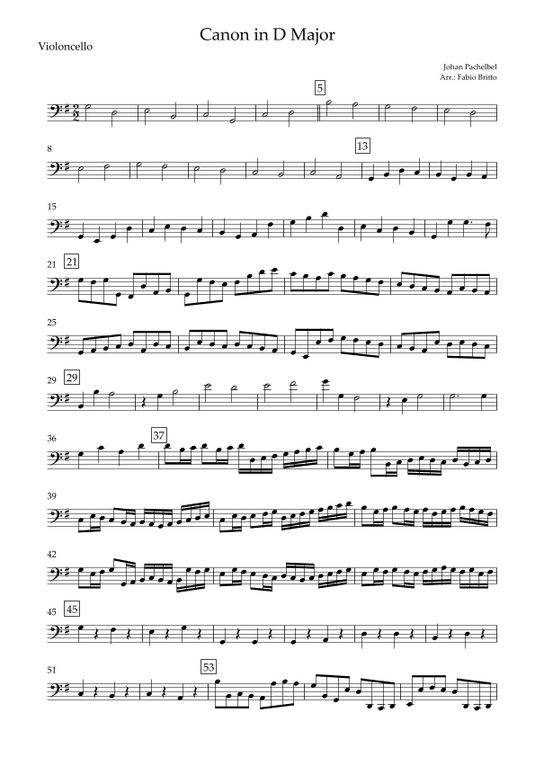 Canon (Johann Pachelbel) for Cello Solo in G Major (arr. Fabio Britto)