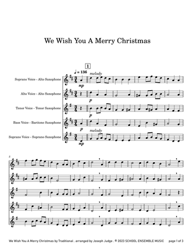 We Wish You A Merry Christmas for Saxophone Quartet in Schools (arr. Joseph Judge)
