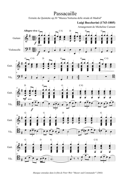 Boccherini : Passacaille extraite du quintette opus 30 pour violoncelle et guitare (arr. Cumant, Micheline)