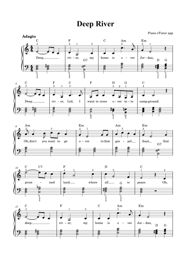 Deep River - piano sheet music (arr. Piano eTutor app)
