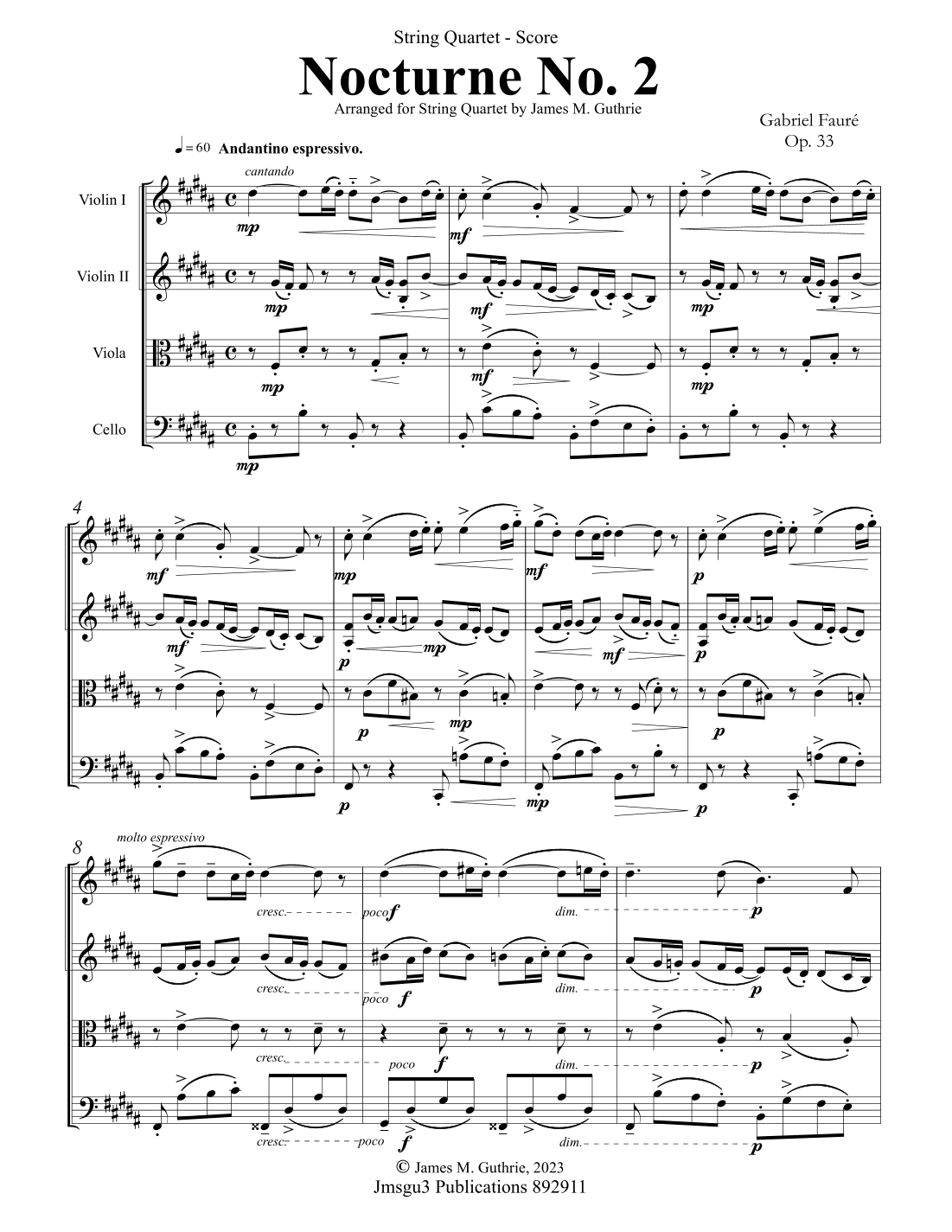 Fauré: Nocturne Op. 33 No. 2 for String Quartet (arr. James M. Guthrie)