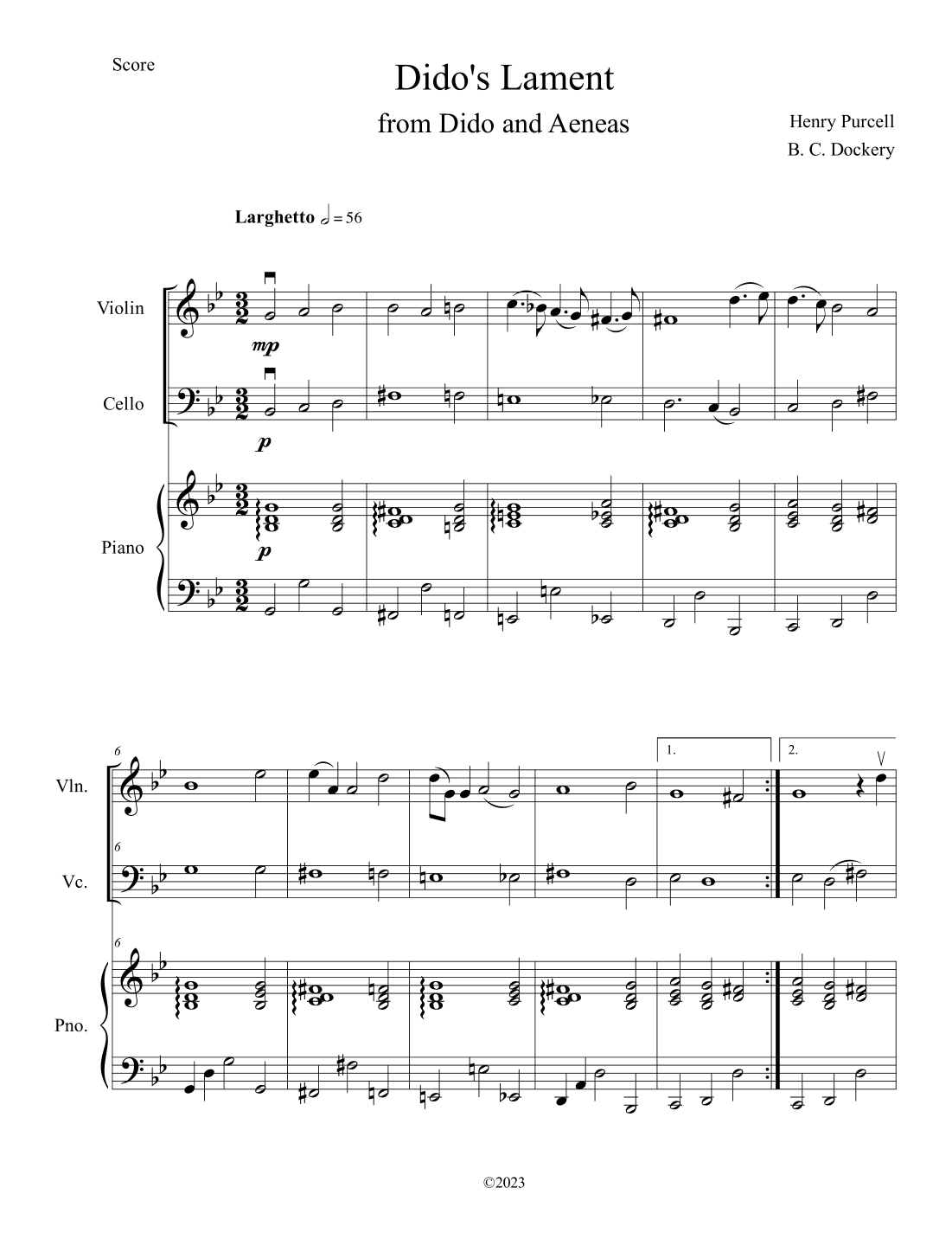 Dido's Lament (Violin and Cello Duet with Piano Accompaniment) (arr. B. C. Dockery)