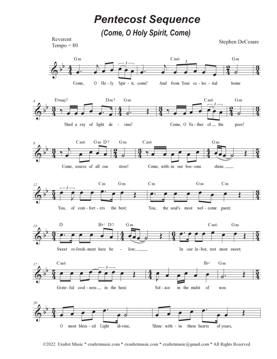 Pentecost Sequence (Come, O Holy Spirit, Come) (Unison choir - High Key)
