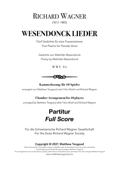 Wagner WESENDONCK LIEDER Chamber Orchestra FULL SCORE (arr. Matthew Toogood)