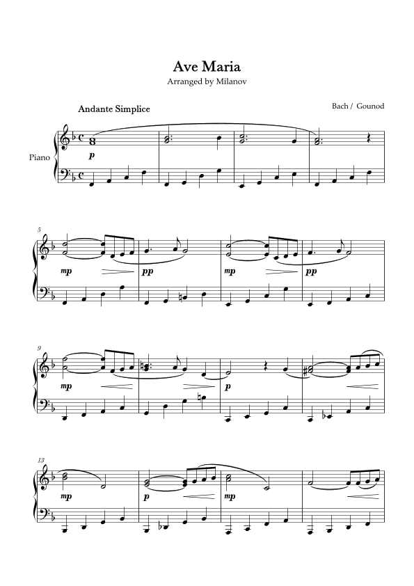 Ave Maria Bach Gounod in F Intermediate Piano (arr. Milanov)