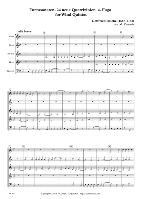 Turmsonaten. 24 neue Quatrizinien 4. Fuga for Wind Quintet (arr. Mikio Kamada)