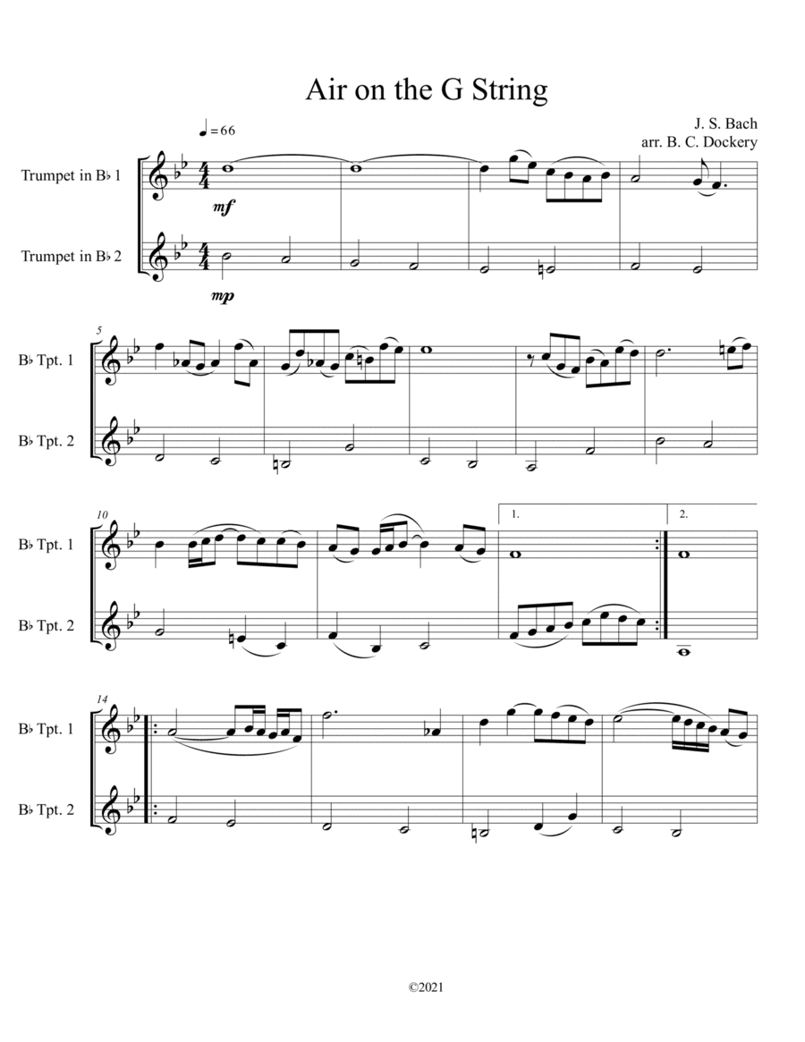 Air on the G String for Trumpet Duet (arr. B. C. Dockery)