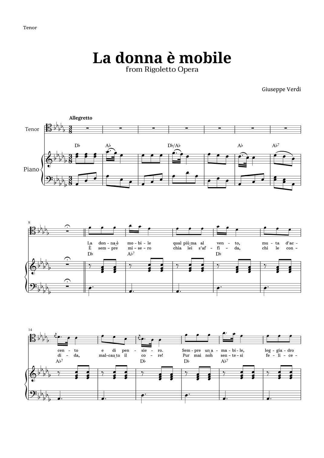 La donna è mobile in D-flat major for Tenor and Piano (arr. Langanho)
