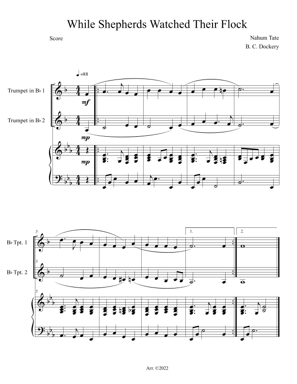 While Shepherds Watched Their Flock (Trumpet Duet with Piano Accompaniment) (arr. B. C. Dockery)