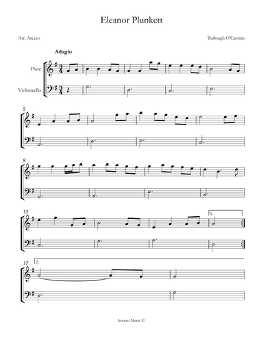 turlough'o carolan eleanor plunkett Flute and Cello sheet music (arr. Arezzo Music)
