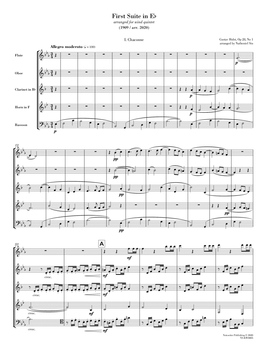 First Suite in Eb (arr. for wind quintet) [score only] (arr. Natheniel Siu)