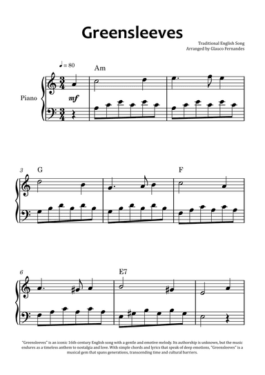 Greensleeves - Easy Piano with Chord Charts (arr. Glauco Fernandes)
