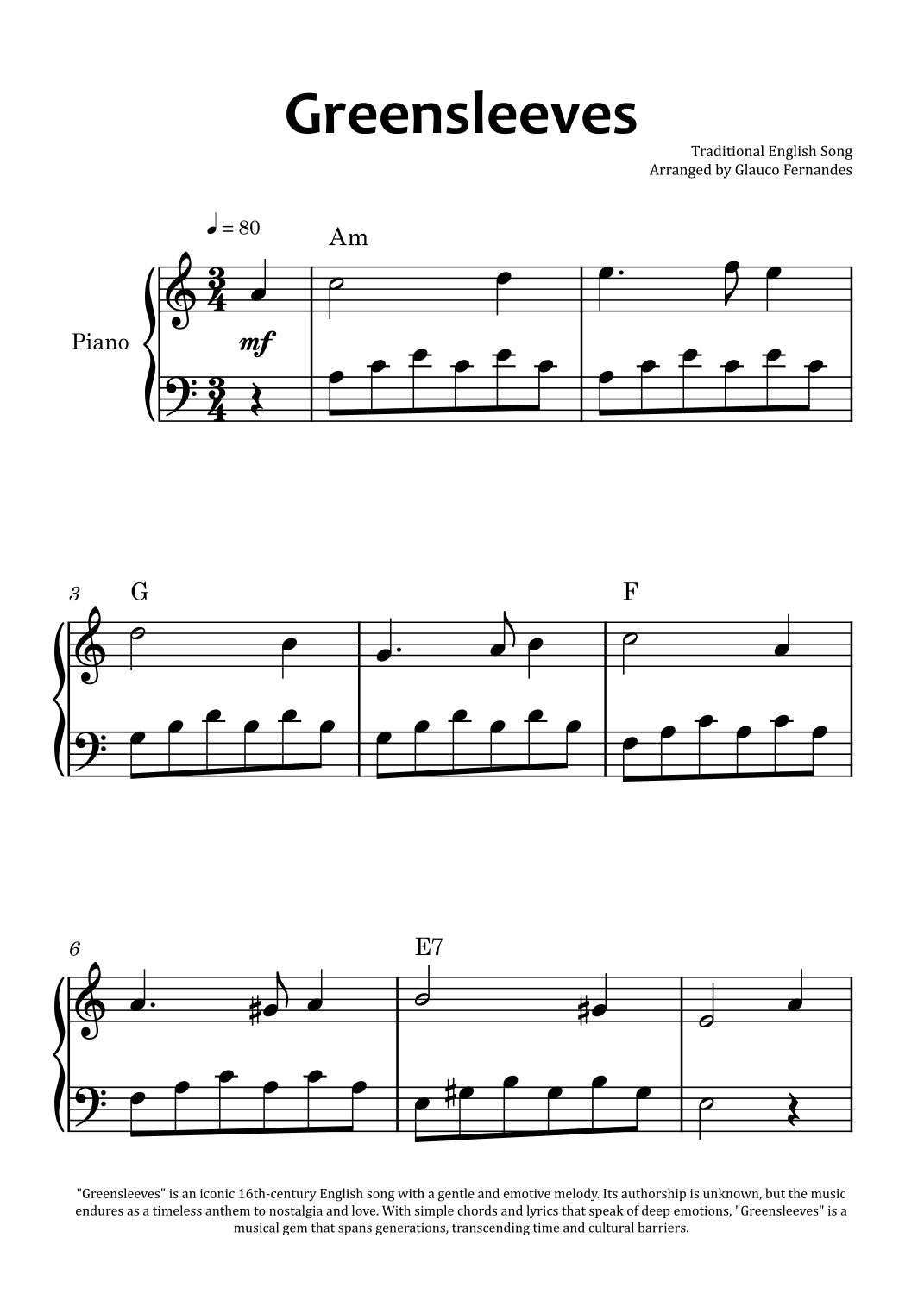 Greensleeves - Easy Piano with Chord Charts (arr. Glauco Fernandes)
