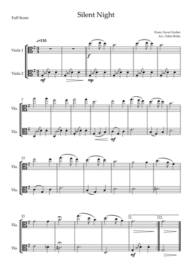 Silent Night (Christmas Song) for Viola Duo (arr. Fabio Britto)