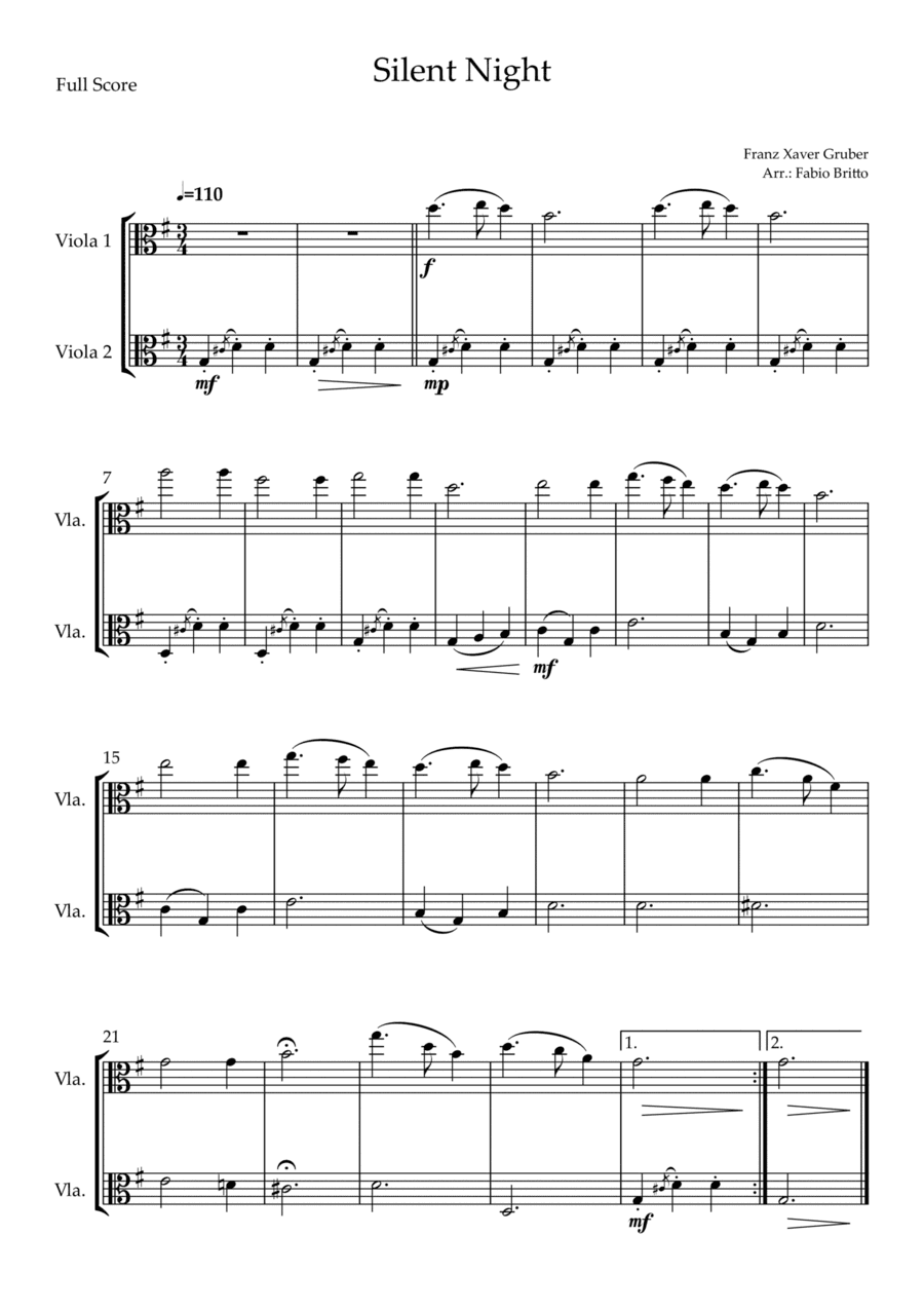 Silent Night (Christmas Song) for Viola Duo (arr. Fabio Britto)