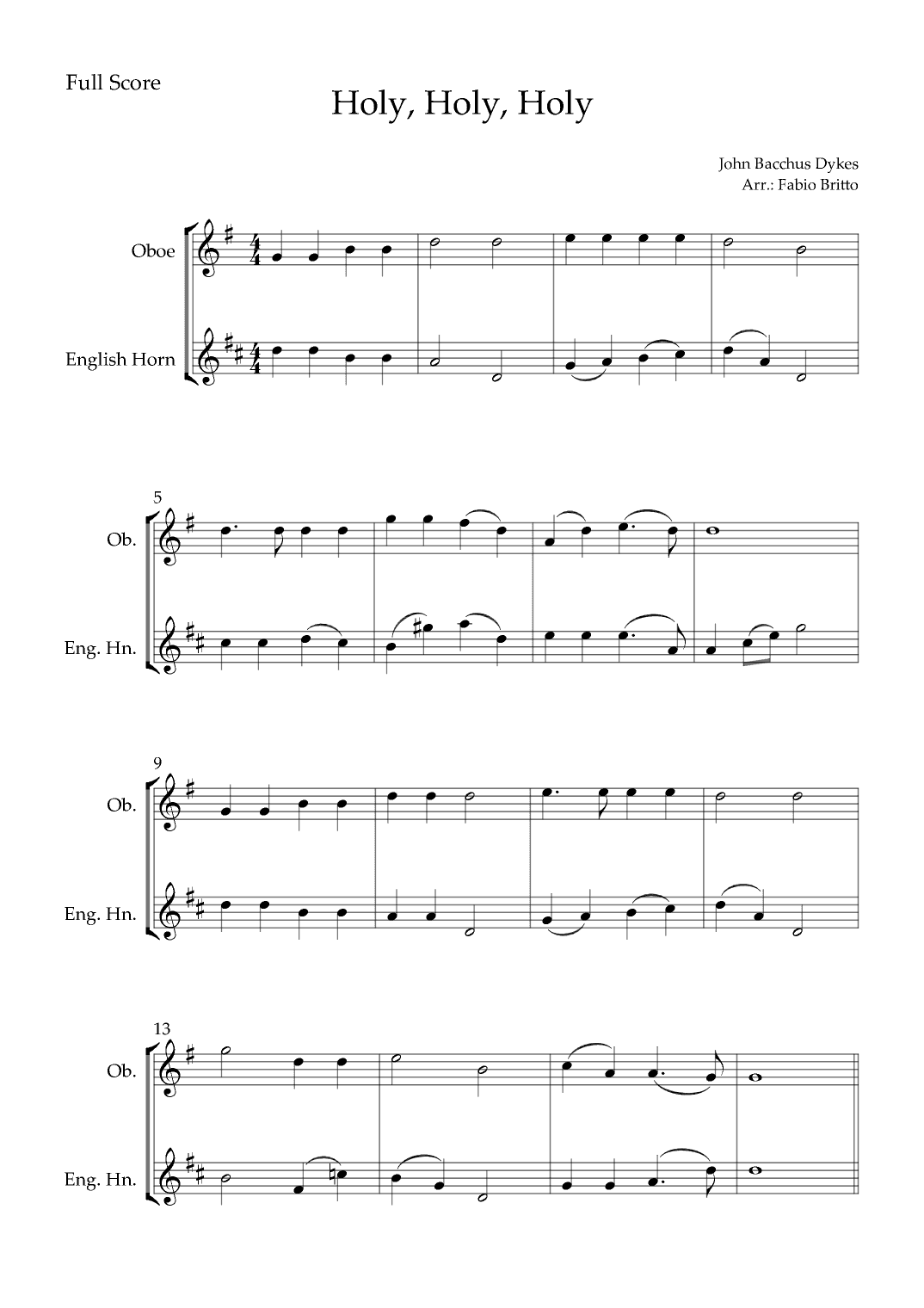 Holy, Holy, Holy (Traditional Christian Song) for Oboe & English Horn Duo (arr. Fabio Britto)