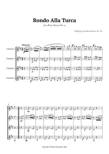 Rondo Alla Turca by Mozart for Clarinet Quartet (arr. Ander)