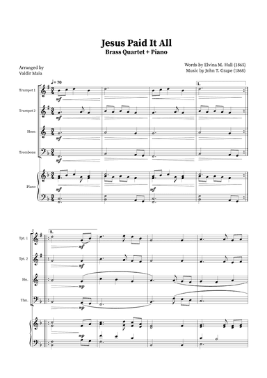 Jesus Paid It All - Brass Quartet and Piano (arr. Valdir Maia)