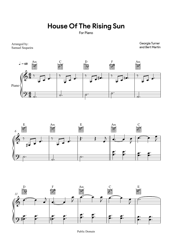 House of the Rising Sun - for Piano - with chords (arr. Samuel Sequeira)