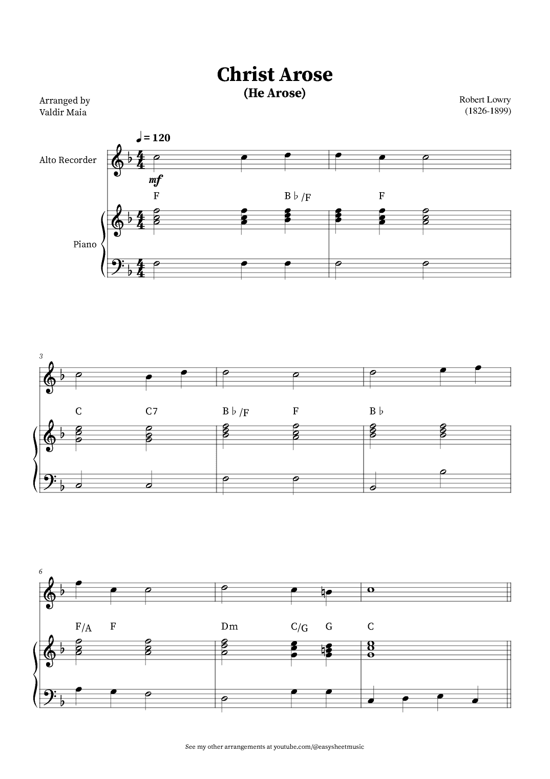 Christ Arose (He Arose) -  Alto Recorder and Piano (with chords) (arr. Valdir Maia)