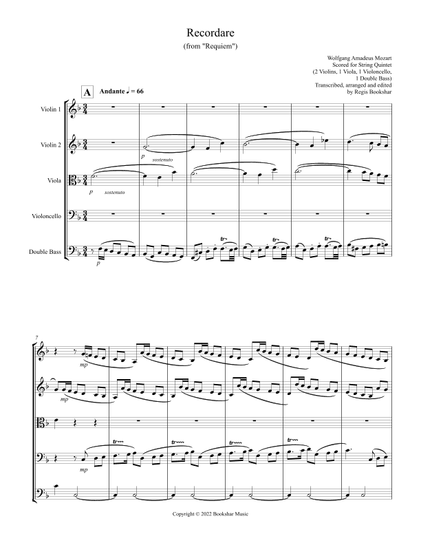 Recordare (from "Requiem") (F) (String Quintet - 2 Violins, 1 Viola, 1 Cello, 1 Bass) (arr. Regis Bookshar)