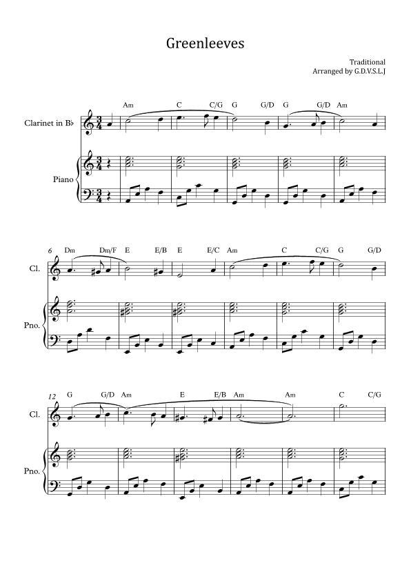 Greensleeves - Clarinet Bb + Piano Accompaniment (arr. G.D.V.S.L.J)