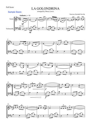 LA GOLONDRINA,Sevilla, String Duo, Intermediate Level for violin and cello (arr. Sherry Lewis)