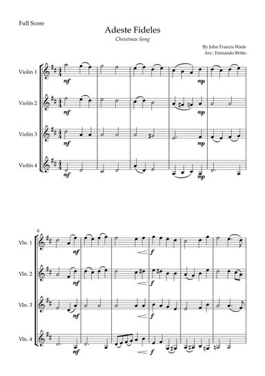 Adeste Fideles (Christmas Song) for Violin Quartet (arr. Fernando Britto)