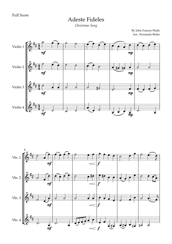 Adeste Fideles (Christmas Song) for Violin Quartet (arr. Fernando Britto)