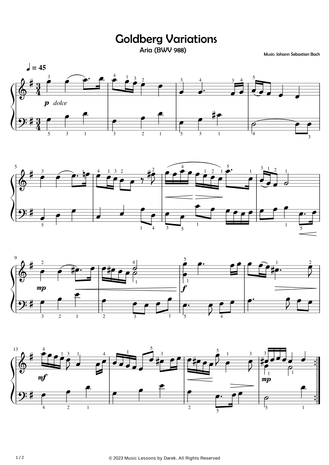 Goldberg Variations (EASY PIANO) Aria (BWV 988) [Johann Sebastian Bach] (arr. Darek)