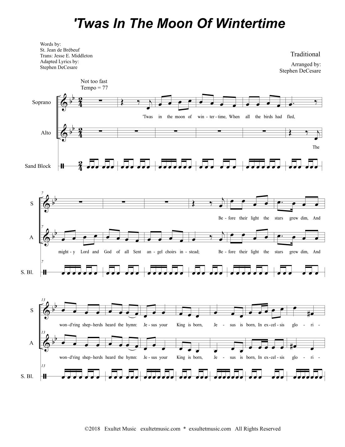 'Twas In The Moon Of Wintertime (Duet for Soprano and Alto Solo) (arr. Stephen DeCesare)