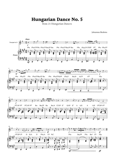 Hungarian Dance No. 5 by Brahms for Trumpet in D and Piano with Chords (arr. Rika K.)