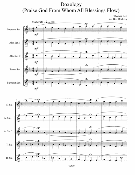 Doxology (Jazz Harmonization) for Sax Quintet/Quartet - (Praise God From Whom All Blessings Flow) (arr. Ben Dockery)