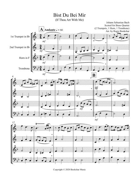Bist Du Bei Mir (Bb) (Brass Quartet - 2 Trumpets, 1 Horn, 1 Trombone) (arr. Regis Bookshar)