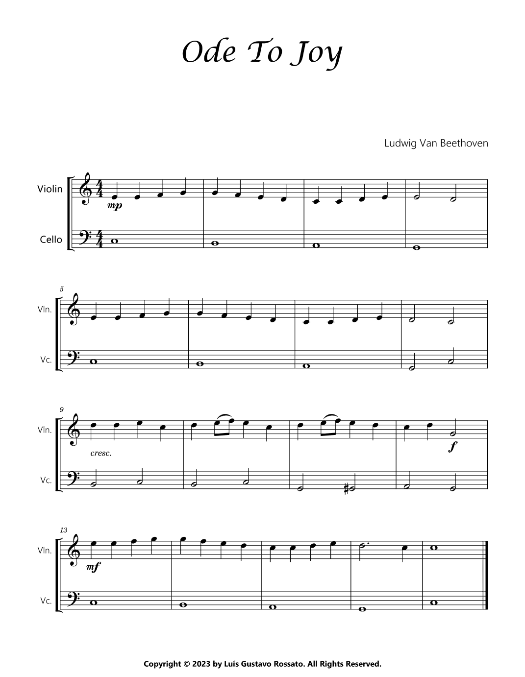 Ode To Joy - Violin And Cello (arr. Luís Gustavo Rossato)
