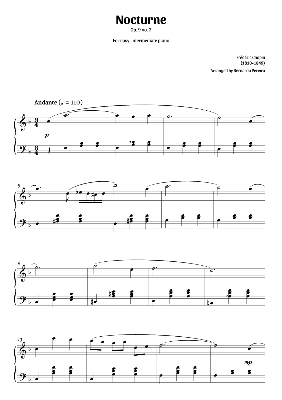 Nocturne Op. 9 no. 2 (easy-intermediate piano in F major – clean sheet music) (arr. Bernardo Pereira)