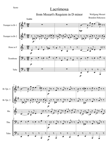 Lacrimosa from Mozart's Requiem - Brass Quintet (arr. Brandon Hokeness)