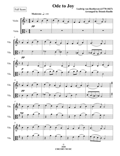 Ode to Joy - Violin / Viola Duet - Intermediate (arr. Dennis Ruello)