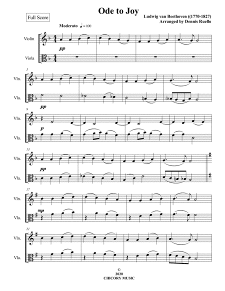 Ode to Joy - Violin / Viola Duet - Intermediate (arr. Dennis Ruello)