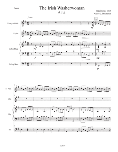 The Irish Washerwoman for Penny Whistle, Violin, Celtic harp and Bass (arr. Nancy J. Brammer)