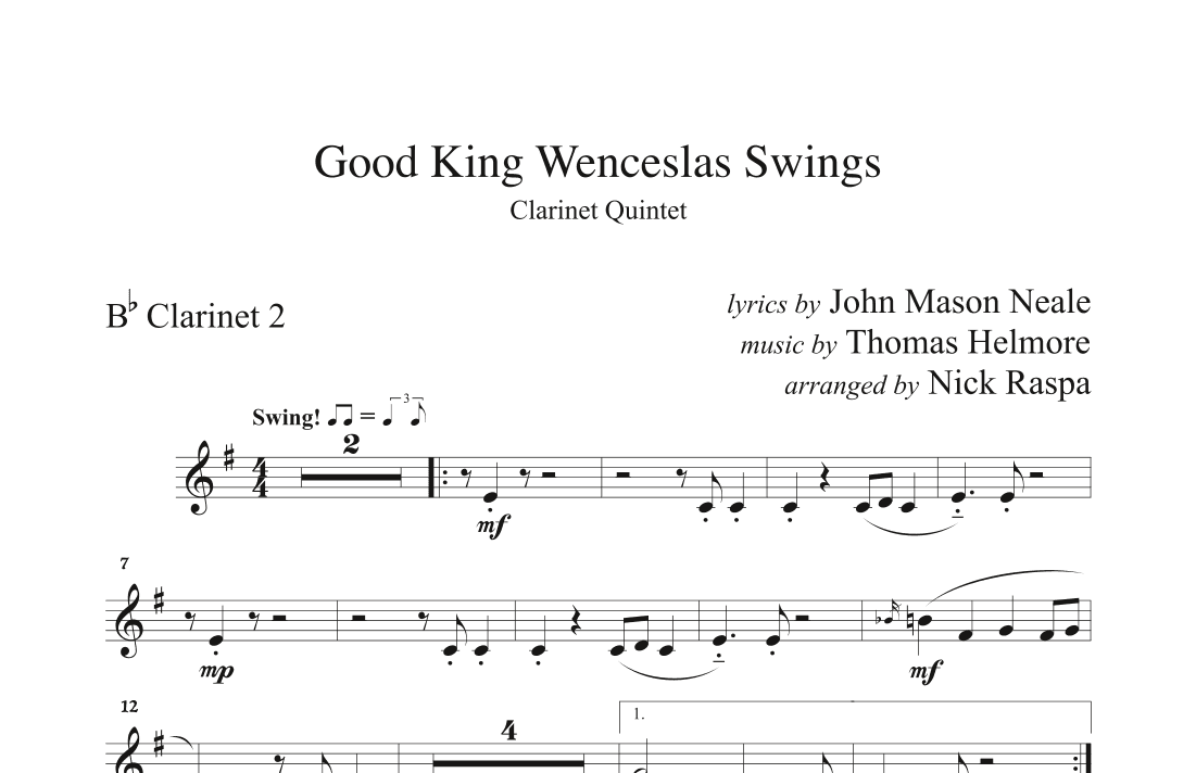 Good King Wenceslas Swings (clarinet quintet Bb Cl 1,2,3,A,B) B flat Clarinet 2 part (arr. Nick Raspa)