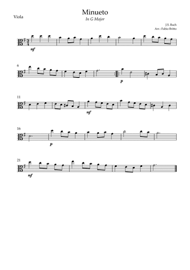Minueto in G Major ( J.S. Bach) for Viola Solo (arr. Fabio Britto)