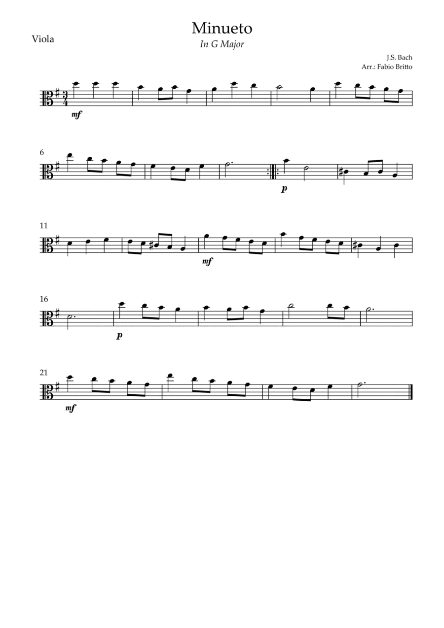 Minueto in G Major ( J.S. Bach) for Viola Solo (arr. Fabio Britto)