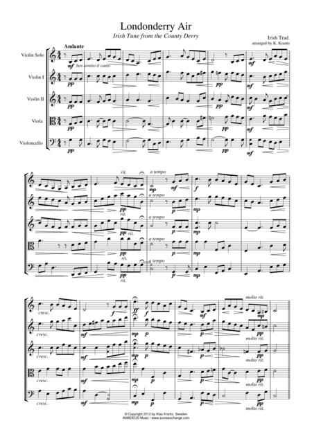 Londonderry Air for solo violin and string quartet (string quintet/orchestra) (arr. Klas Krantz)