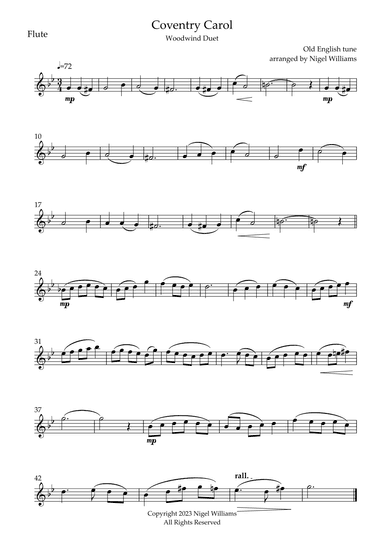 Coventry Carol, for flute & clarinet duet (arr. Nigel Williams)
